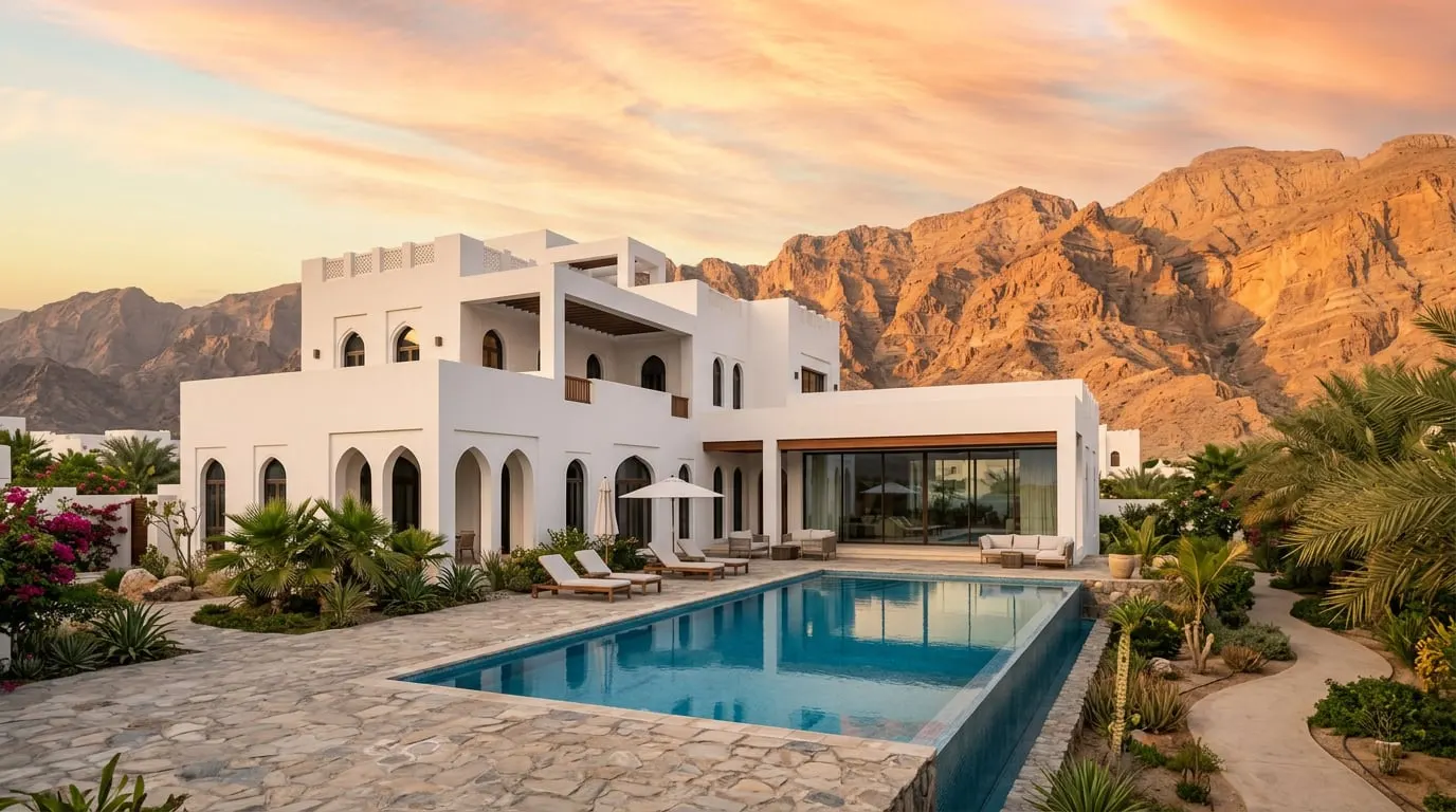 White Omani villa with a pool beneath the Hajar mountains at sunset